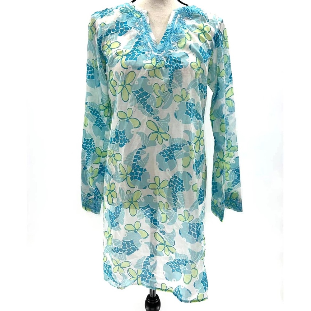 Lilly Pulitzer White and Blue Swim Coverup with Floral Design